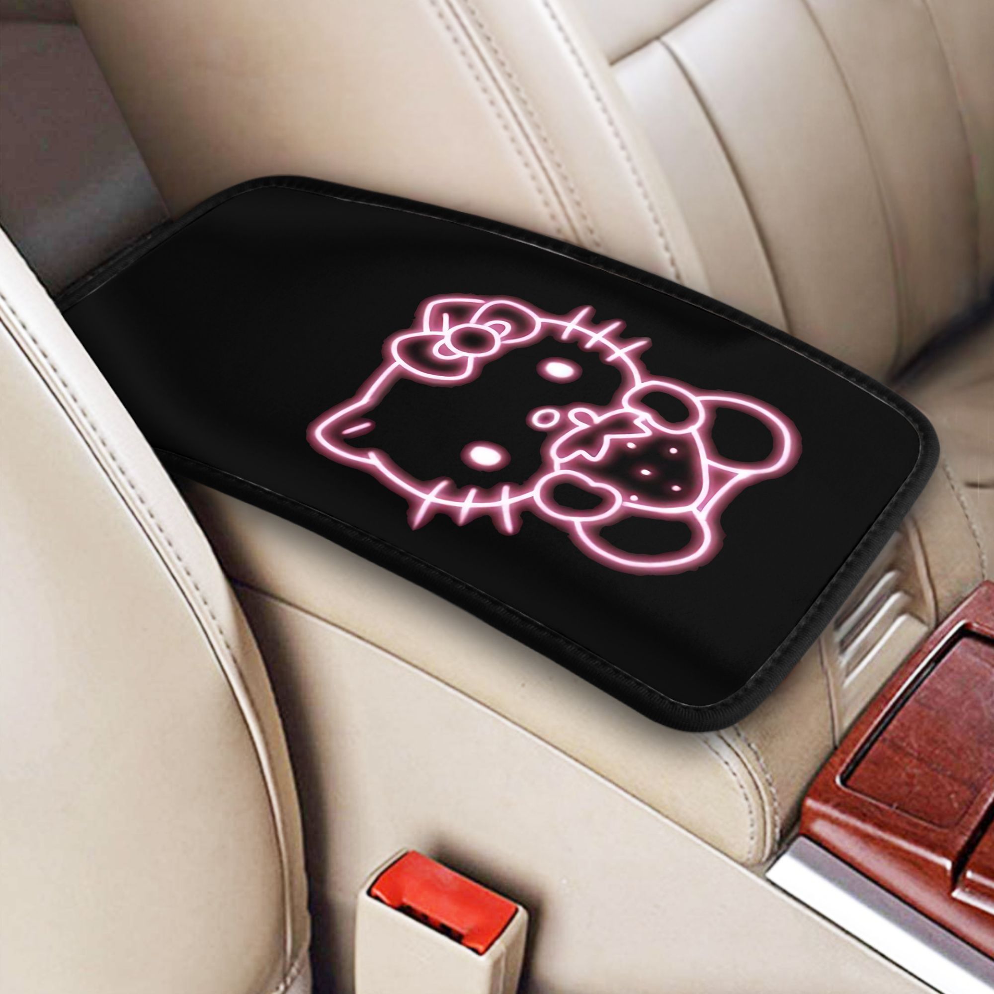 TEMU 1pc For Hello Kitty Car Armrest Pad - Washable Polyester Center Console Cover With Cute Pink Girly Design, Fits Most Vehicles, Car Interior Accessories