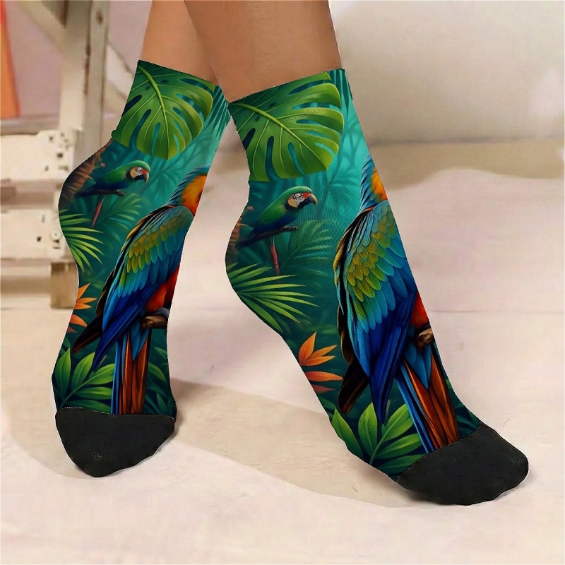 TEMU 1pair Women's Thin Short Socks With A Vivid Print Pattern Of Tropical Parrots And Green Leaves, New Fashionable And Versatile Street Style,
