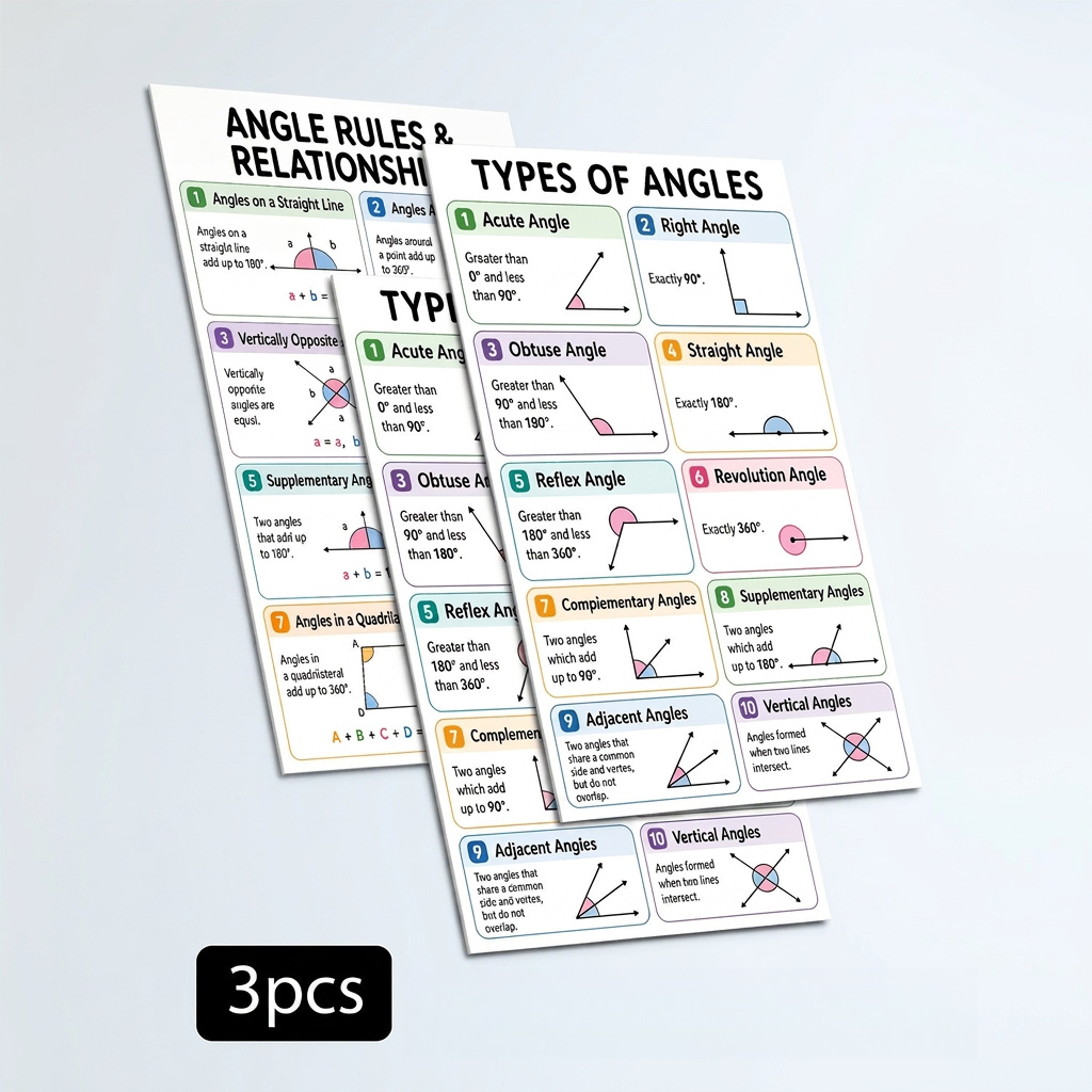 TEMU 3pcs Angle Ruler Reference Cards Suitable For Classroom & Homeschool - Angle Types Chart With Acute Right , Protractor Guide & Math Flashcards
