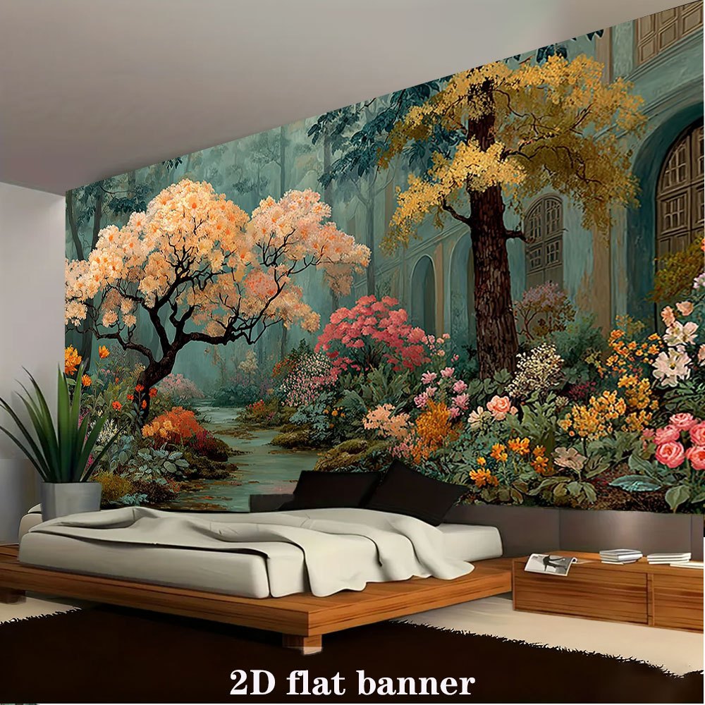 TEMU 2d Flat, 1pc Large-scale Chinese-style Autumn Garden Mural Wall Tapestry - 2d Flat Print Peach & Golden Ginkgo Leaf Banner, -like Backdrop For