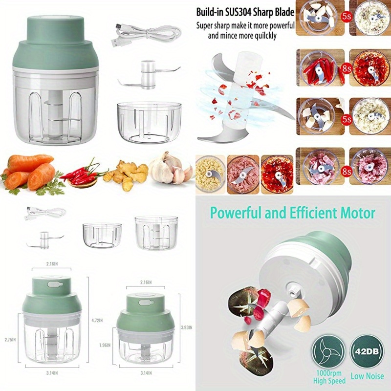 1-touch operation powerful electric mini food chopper with 8.45oz & 3.38oz bowls - 45w motor, 2-in-1  , usb-powered cordless-like operation, bpa-free & waterproof, 304 stainless steel blades, safety lock & induction system, compact & portable for garlic, meat, vegetables, food grinder (ideal for small kitchens, camping, travel) -   & easy-clean (usb-powered), manual vegetable chopper, big vegetable chopper Product details 0