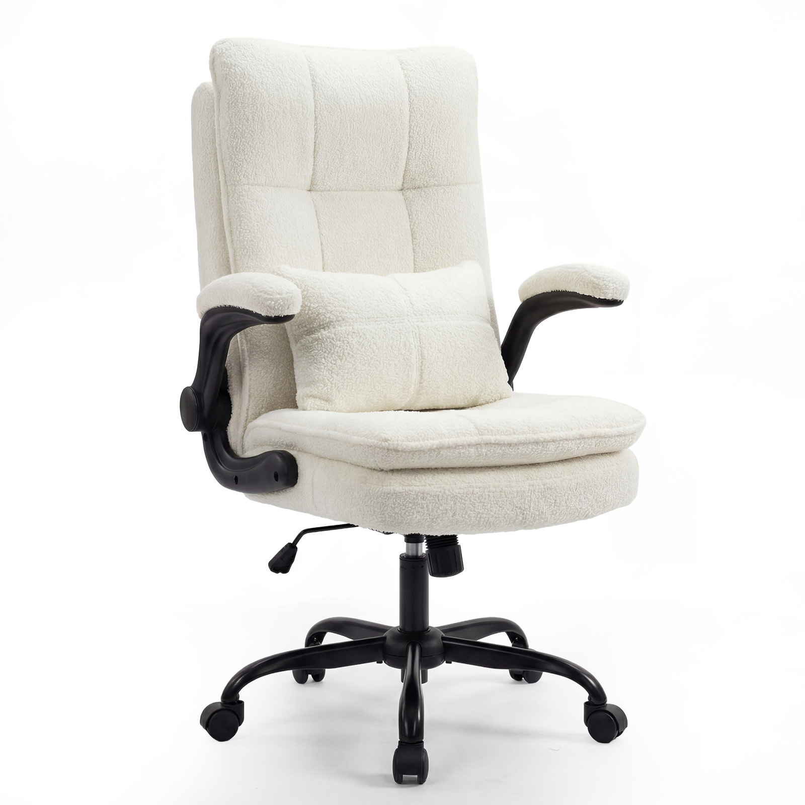 Ergonomic High Chair With Soft Teddy, Lumbar Cushion And Padded Armrests, Height Adjustable Rolling Desk Chair With Tilt Function, Cream White