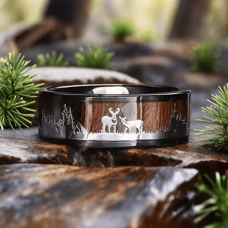 A Stylish 8Mm Tungsten Ring for Men, Featuring a Deer Design, Ideal As a Promise Ring for Wildlife Lovers. This Deer Silhouette Ring Makes a Great Gift for Christmas, Valentine'S Day, Boyfriends, Or Husbands