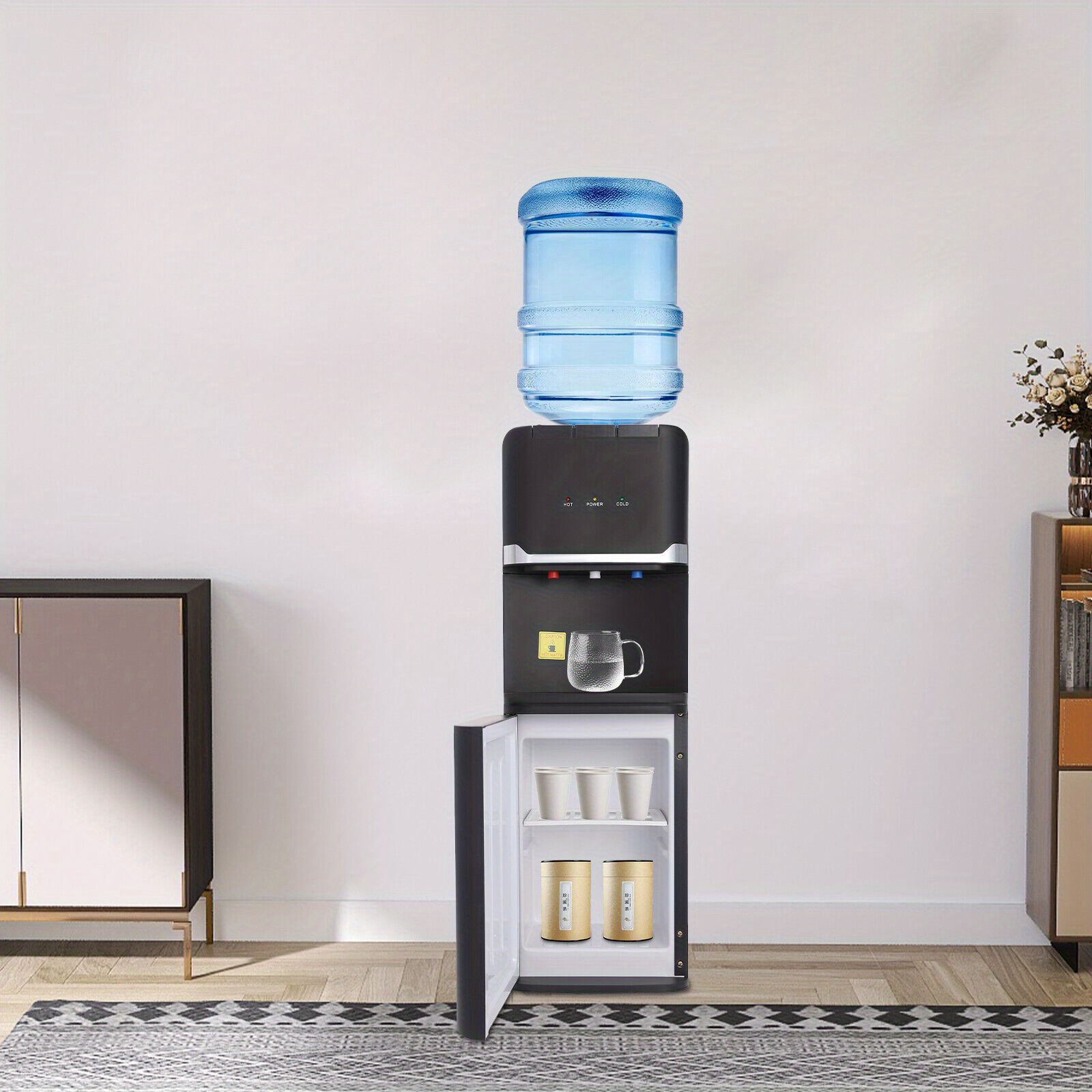 GDRASUYA10 Top-Loading Water Dispenser - 5 Gal Capacity, Hot & Cold & Warm Water with Safety Lock, Dual-Tier Locker, Sturdy PP Construction, Ideal for Home & Office (Black)