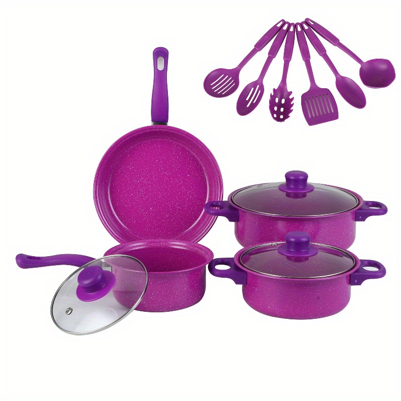 purple stainless steel non stick electric stove with glass lid 4 interchangeable bowls complete kitchen cookware set with saucepan griddle and accessories cooktop set