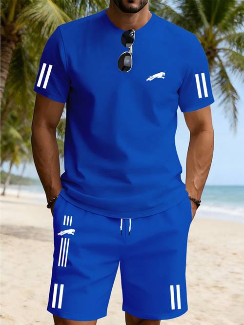 photo de l'article ensemble pull 3d à manches courtes pour homme pour sports de et tenue décontractée, ensemble décontracté et tendance à col ras du cou et manches courtes imprimé pour homme