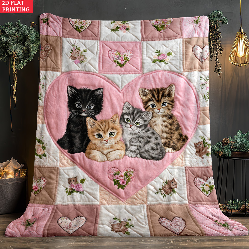 TEMU 1pc Cats In Pink Grid 2d Flat Printed Outdoor Blanket - Lightweight Flannel Suitable For Camping, Picnic, Hiking, , Airplane, Bedroom, Chair -
