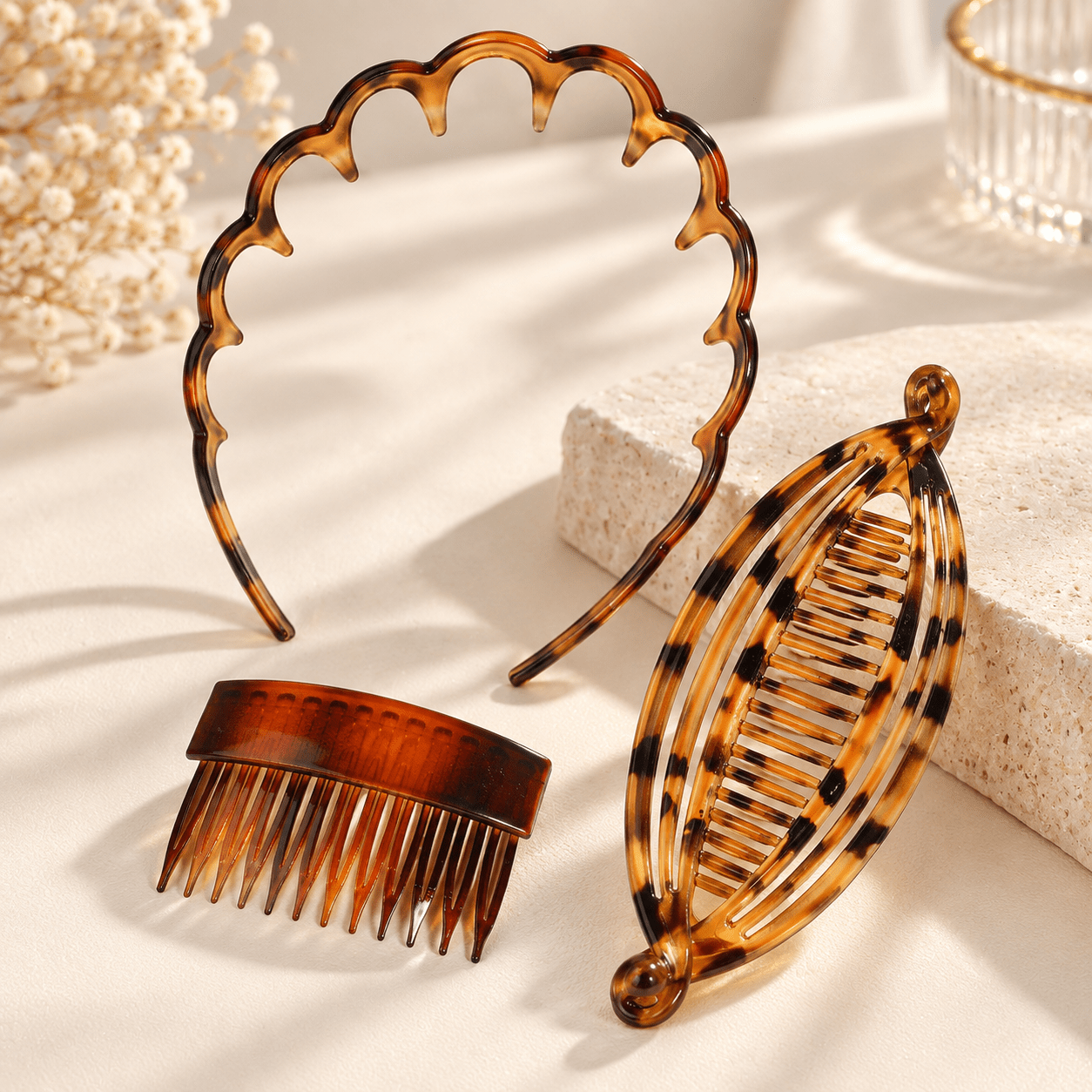 3pcs Tortoise Shell Hair Accessories Set, Headband & Hair Clip