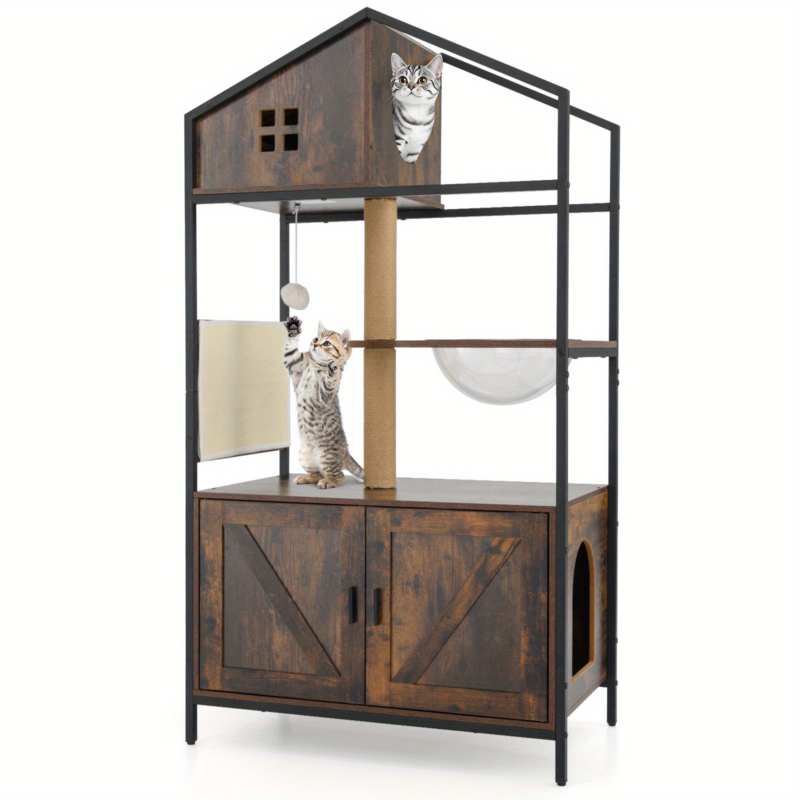 Cat Tree With Litter Box Enclosure, Industrial Cat Tower W/ Hidden Washroom, Scratching Posts & Pad, Space , Dangling Ball
