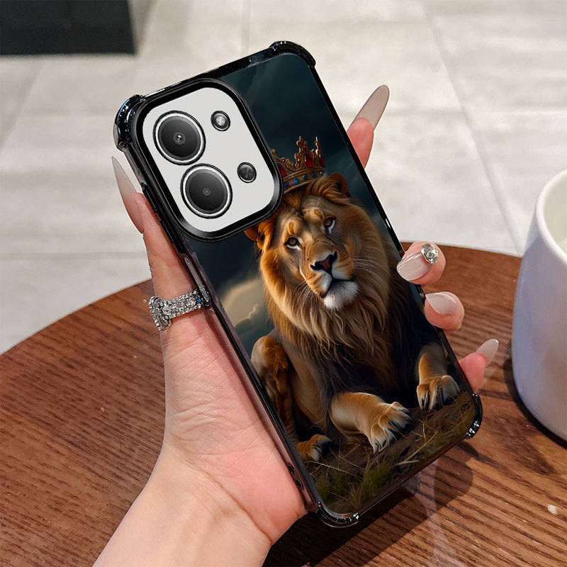 TEMU Phone Case: Lion With Crown Shockproof Design Clear Case Black Full Coverage Phone Case Suitable For Redmi For Redmi 15c Protection Cover