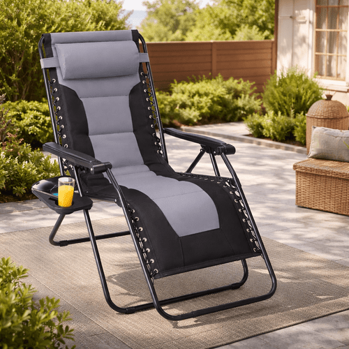 zero gravity lounge chair with cushion 30 extra wide patio recliner 170 degree lay flat design 400d oxford fabric pp cotton filled folding outdoor chair with removable cup holder