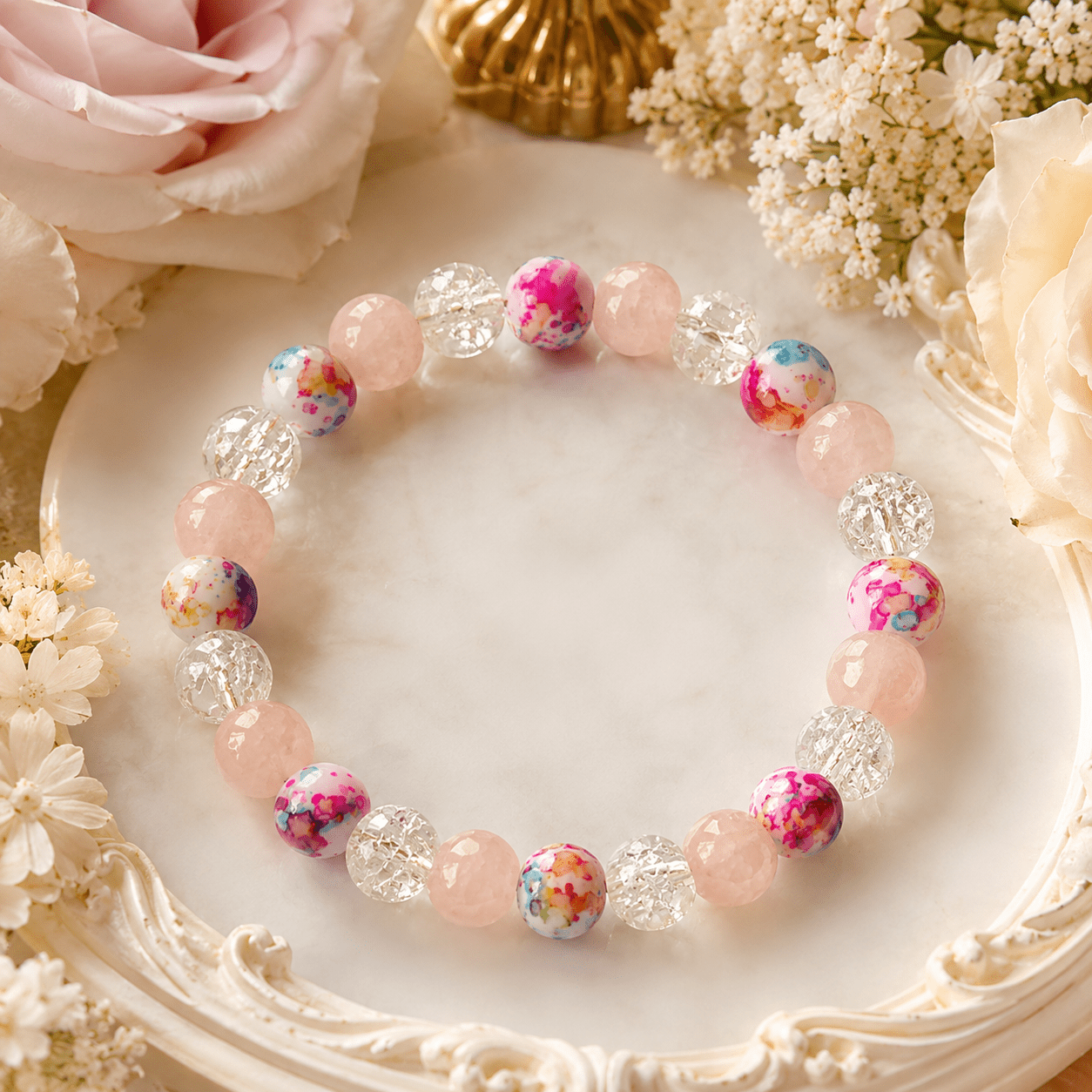 Wealth Bead Bracelet with Rainstone & Pink Agate