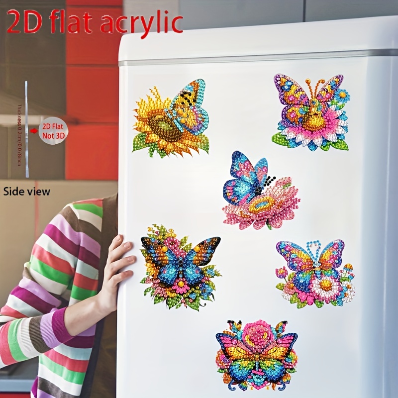 TEMU 2d Flat 6pcs Set Colorful Flower Diamond Painting Kit, Colorful Acrylic Round Diamond Magnet Set For Refrigerator, Mailbox, And Home Decor Diy