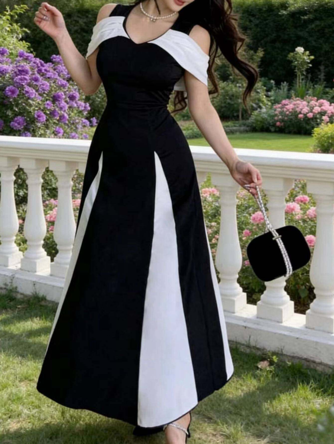 dress black and white formal A Line V Neck Black White Prom Dresses, V Neck Black White Formal Even –  jbydress main image 1