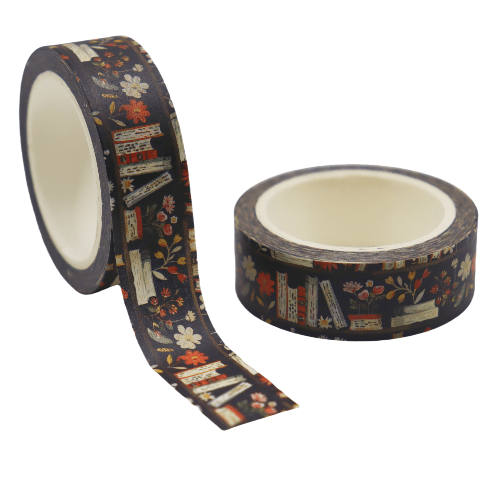A Roll Of Washi Tape With A Spring Theme, Measuring 393.7 Inches Long And 15 Millimeters Wide - Featuring A Design Of Small Flowers And Books, Scrapbooking, Diy Crafts, Stationery, And Gift Wrapping.