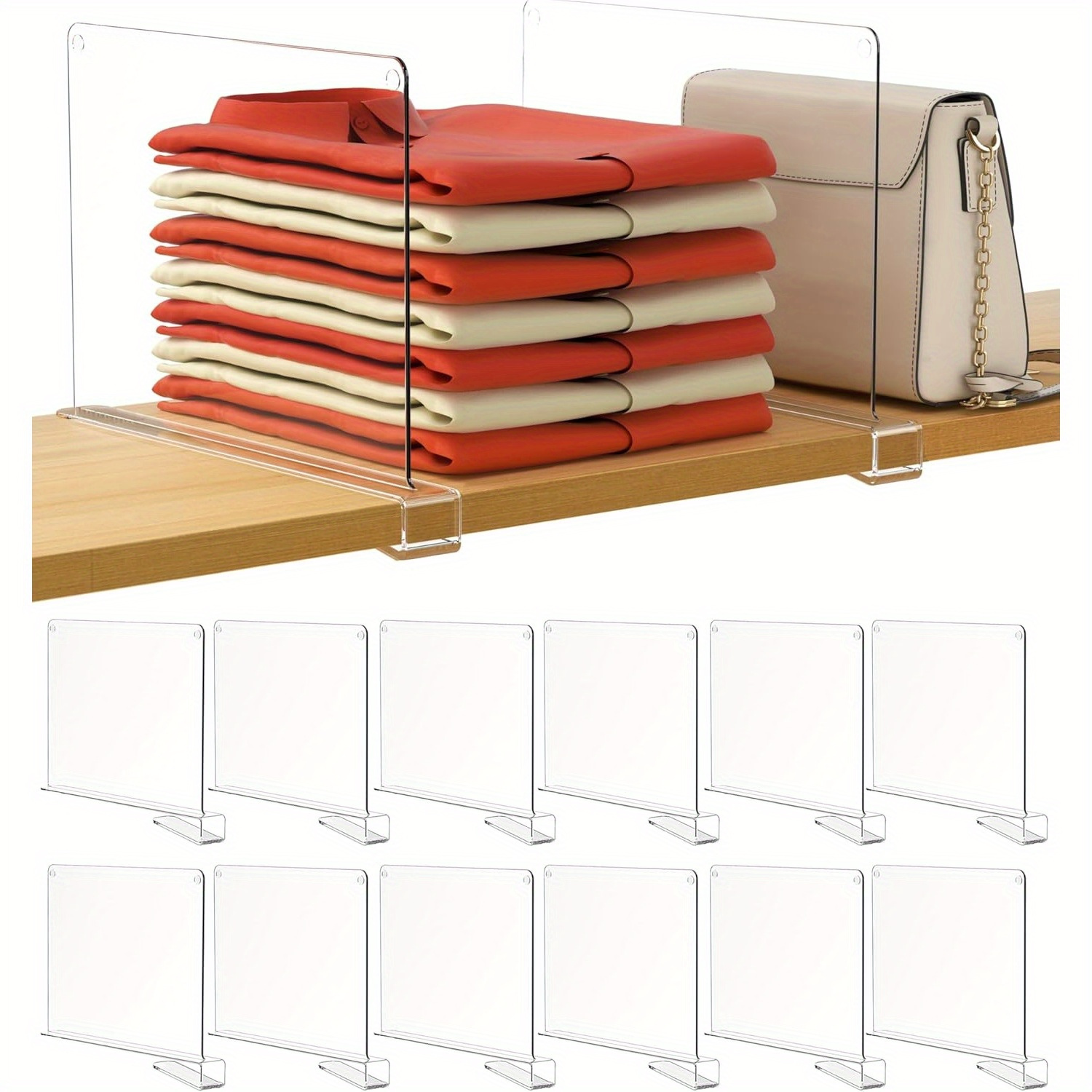 TEMU 12 Pack Closet Organizers And Storage, Clear Shelf Dividers, Vertical Purse Organizer For Closet Sweater, Shirts, Handbags In Bedroom And Kitchen, Acrylic Bookshelf For Organization
