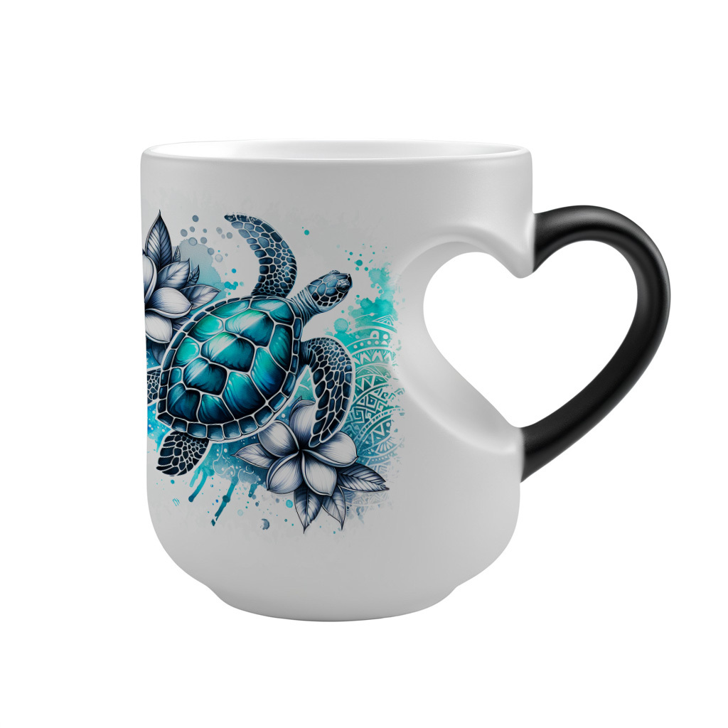 Image of 1pc -changing Mug With Sea Turtle & Plumeria Watercolor Art - Temperature-sensitive Insulated Cup, From Sight To Black When Hot/cold Drinks, Hand Wash Only, Thermochemic For Tea,, Creative Gift