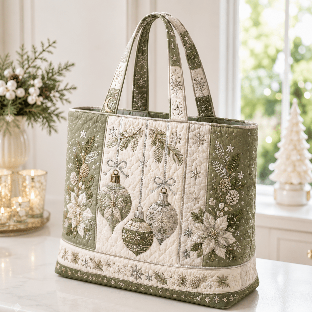 Image of 17*15inchquilted Tote Bag For Women, Glass Christmas Ornament, Sage Pine Branch Pattern, Vintage Holiday Quilted Design, Soft Handheld Bag, Large Capacity School Work Bag For Daily