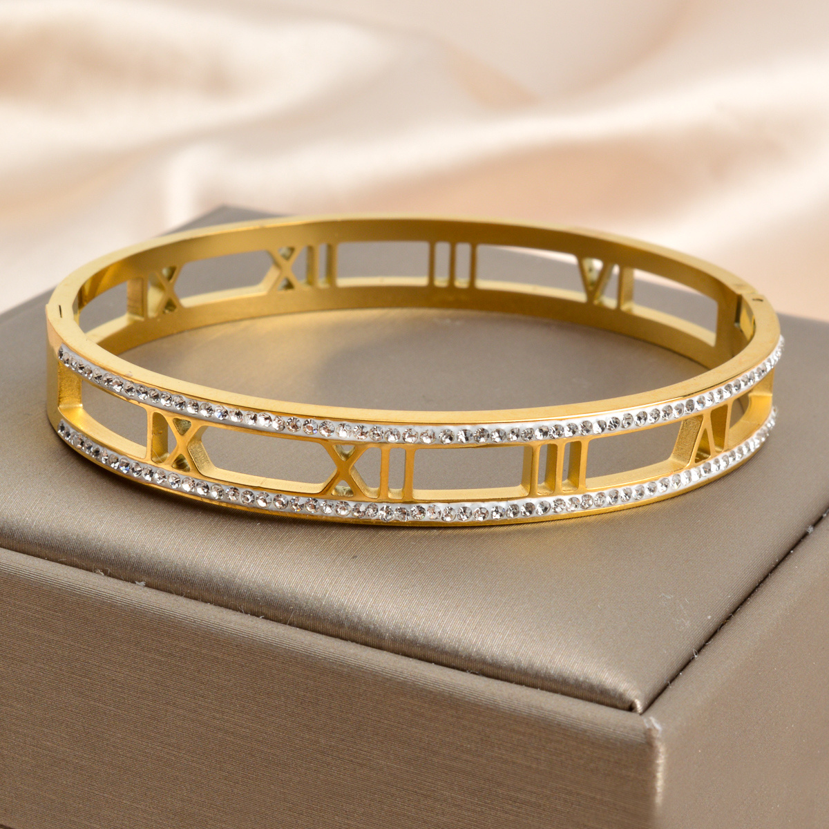 18K Golden Plated Hollow Roman Numeral Bangle Bracelet