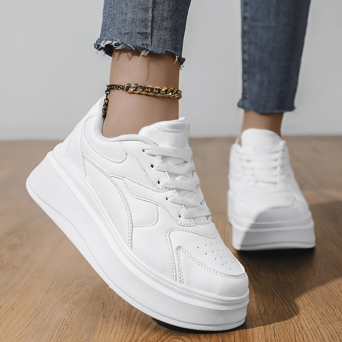 Women'S Casual Sneakers, Thick Sole Platform Shoes, Plus Size White  Athletic Footwear, Low Top, PU, EVA Sole, Fabric Lining, Lace-Up
