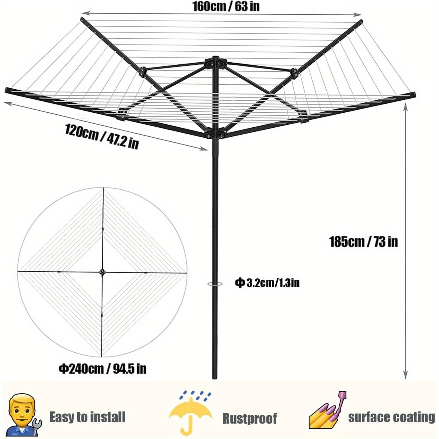 TEMU Outdoor Rotary Clothes Dryer Laundry Umbrella With Ground Sleeve Protective Cover 50m Clothesline Stable Clothes Horse For Garden, Drying Racks
