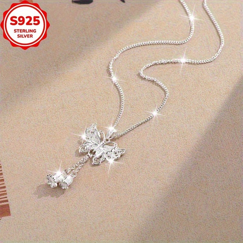 TEMU Elegant 925 Sterling Silver Lily Tassel Necklace | Ideal For Couples, , Daily Wear, Weddings, Parties, Beach Vacations, Thanksgiving, And