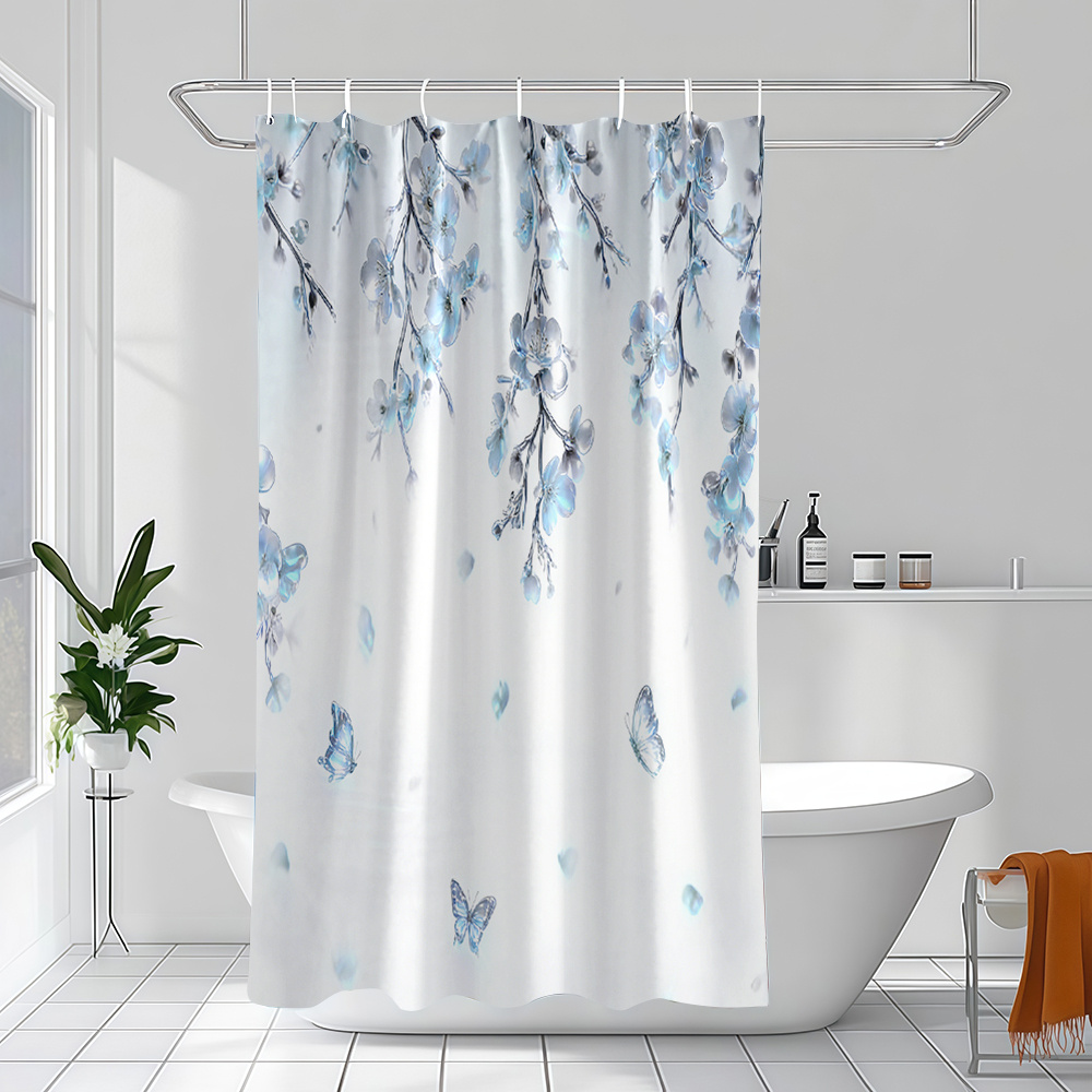 TEMU 1 Blue Flower And Pattern Printed Shower Curtain, And Aesthetic Home - Decor Bathroom Curtain, With 12 Hooks, Suitable For Window, Wall, Bathtub