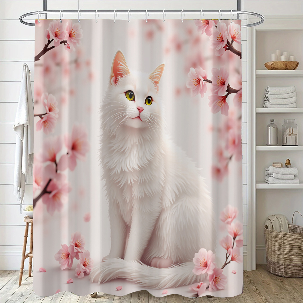 TEMU 1pc White Cat With Pink Cherry Pattern Printed Shower Curtain, Fresh And Decoration Bathroom Curtain, Includes 12 Hooks, Suitable For Windows,