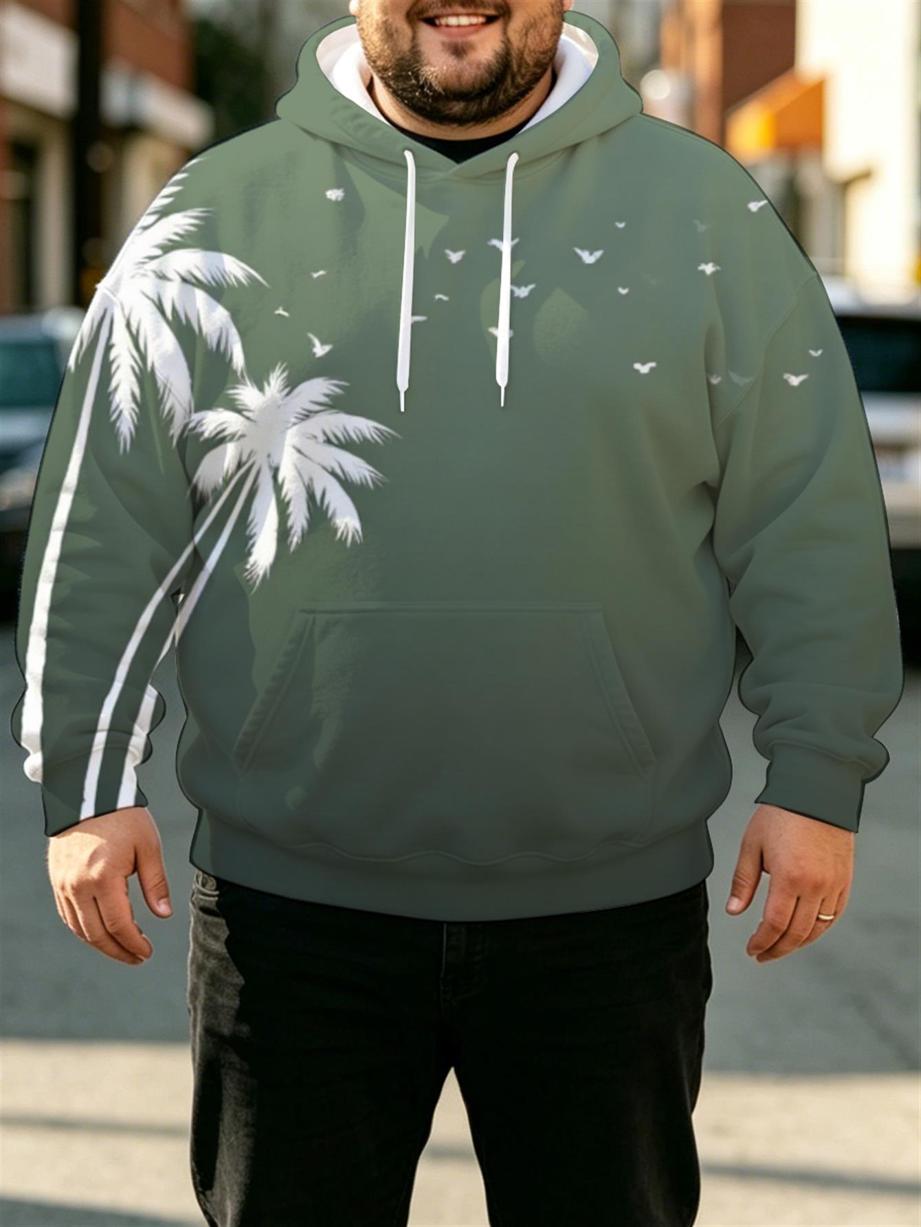 Men S Plus Size Fleece Hoodie with Minimalist     And Bird Flock Print, Gradient   Dark Gray Long Sleeve Sweatshirt for Spring And Winter