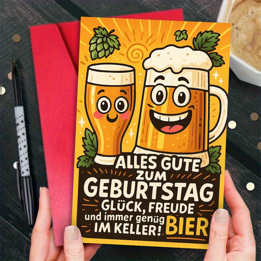 TEMU 1pc Funny German Beer Birthday Card With Smiling Beer Mugs & Pretzel Design - Humorous German Text "cheers To Birthday, Health & Of Beer" - Beer