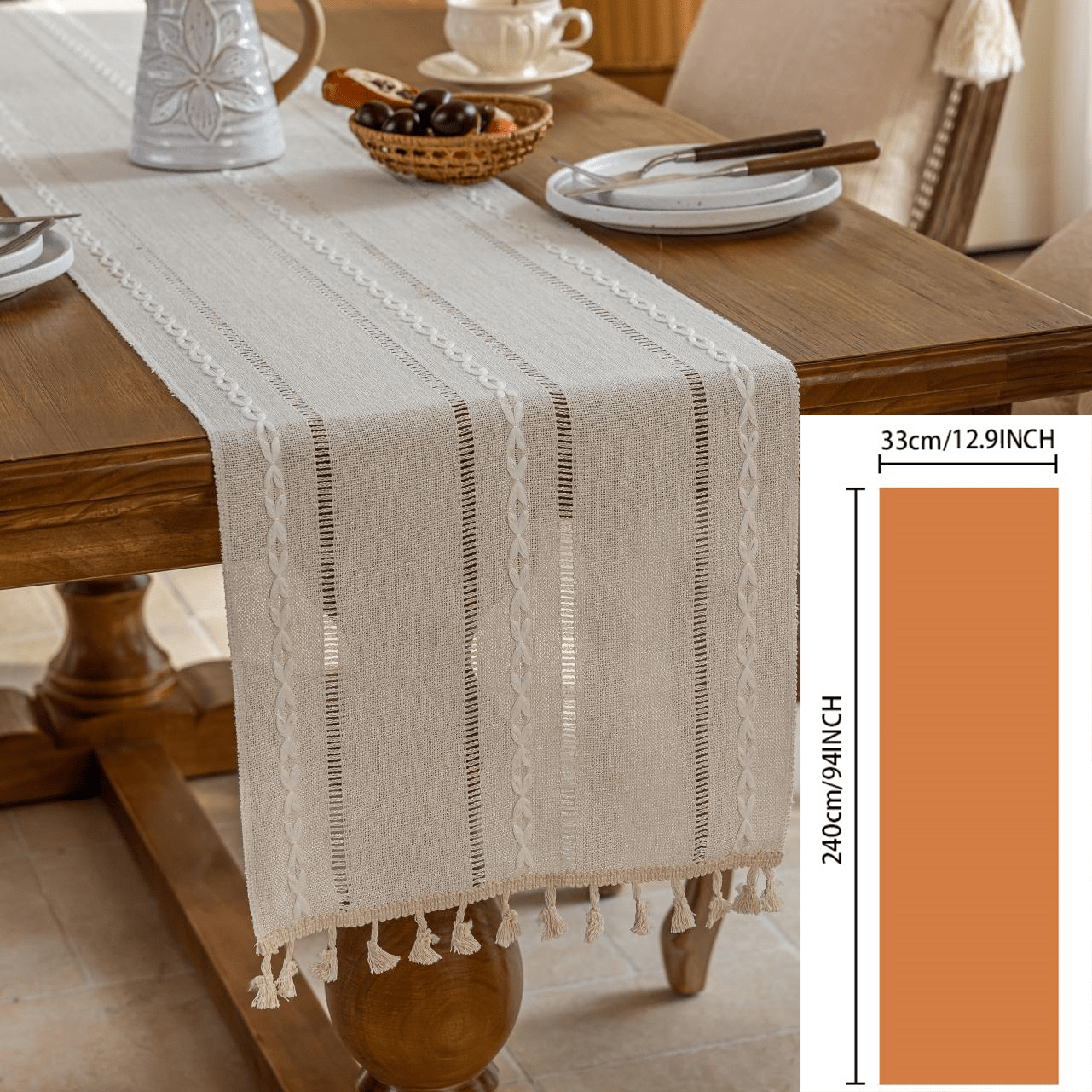 TEMU 1pc Nordic Minimalist Solid Color Table Runner With Beige Tassels, Rectangular Coffee Table, Long Cabinet, Dining Table Surface Decorative Small