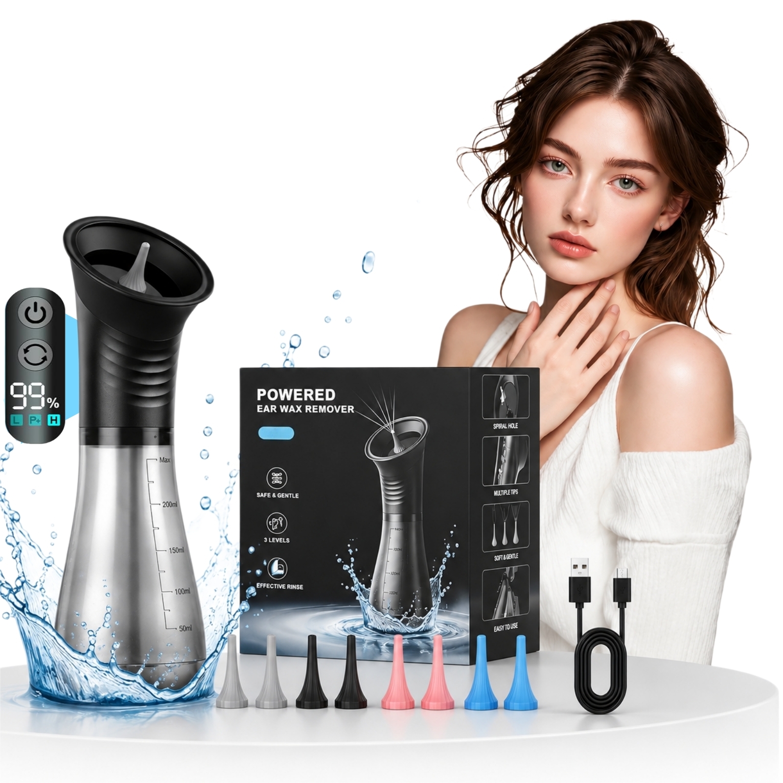 Image of Cleaner For Removing Earwax, Integrated Dry And Dirty Storage, Replaceable Nozzle, With 11 Replacement Heads, Usb Rechargeable, Sewage Recovery Window For Earwax Removal, Ipx7 Waterproof