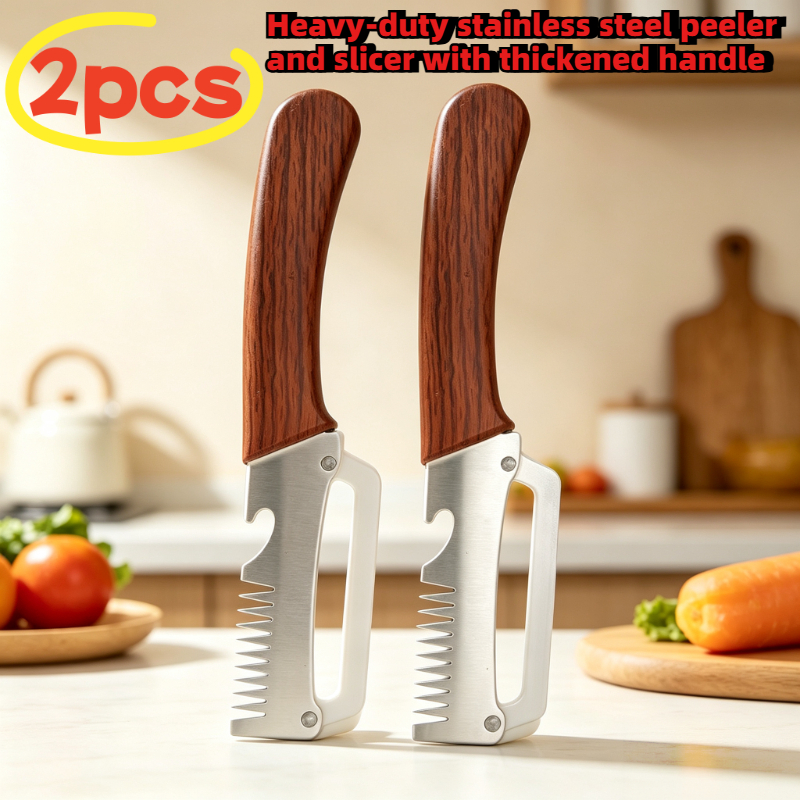 TEMU 2pcs New Reinforced Heavy-duty Stainless Steel Peeler And Slicer, With Thickened Handle, Triple-in-one Julienne Cutter, Includes Bottle Opener