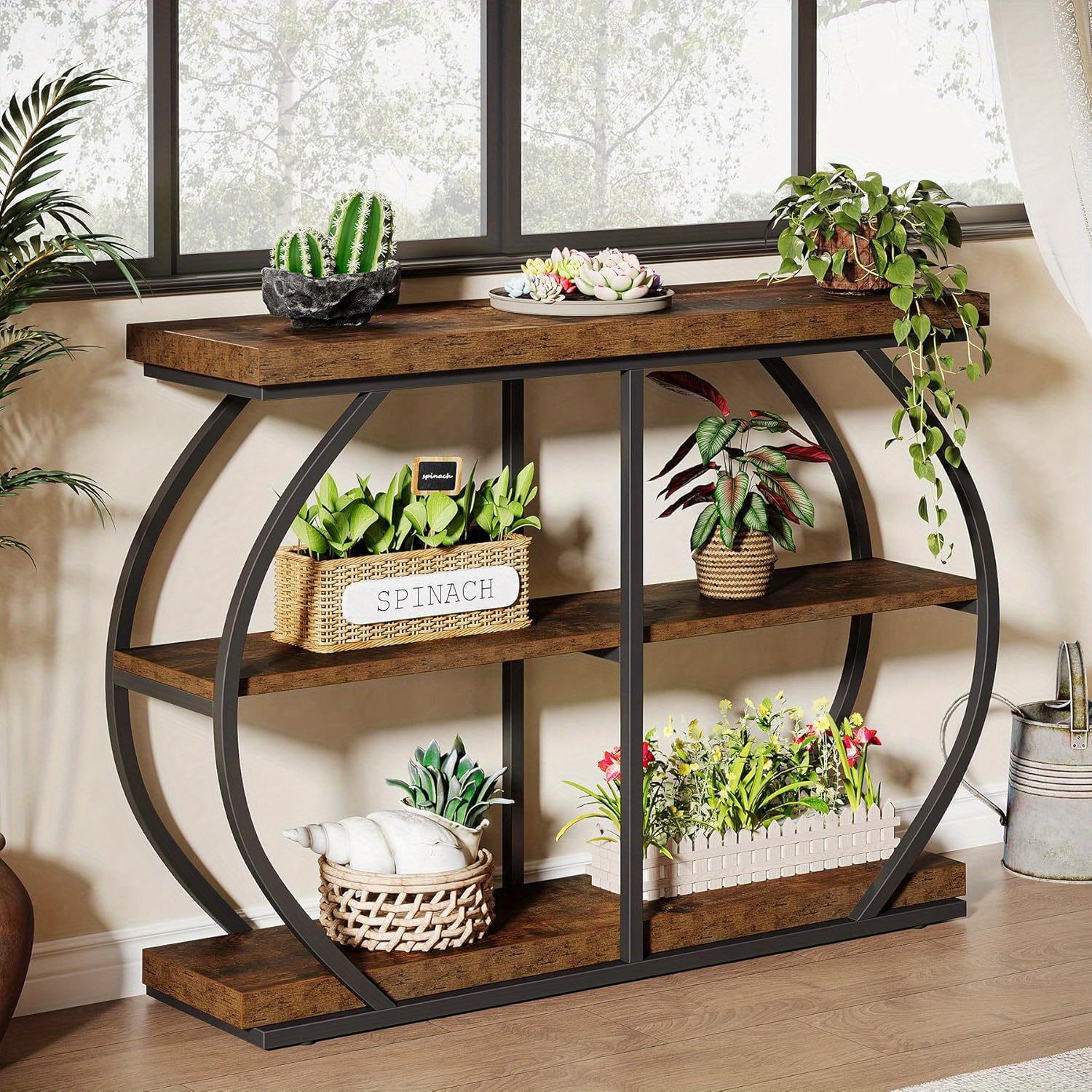 TEMU 41.3" Console Table, Industrial 3-tier Entryway Table With Arched Metal Frame And Storage Shelves For Living Room, Hallway, Rustic Brown