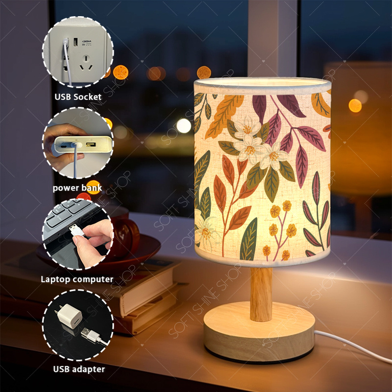 USB-Powered Printed Table Lamp with Fabric Shade