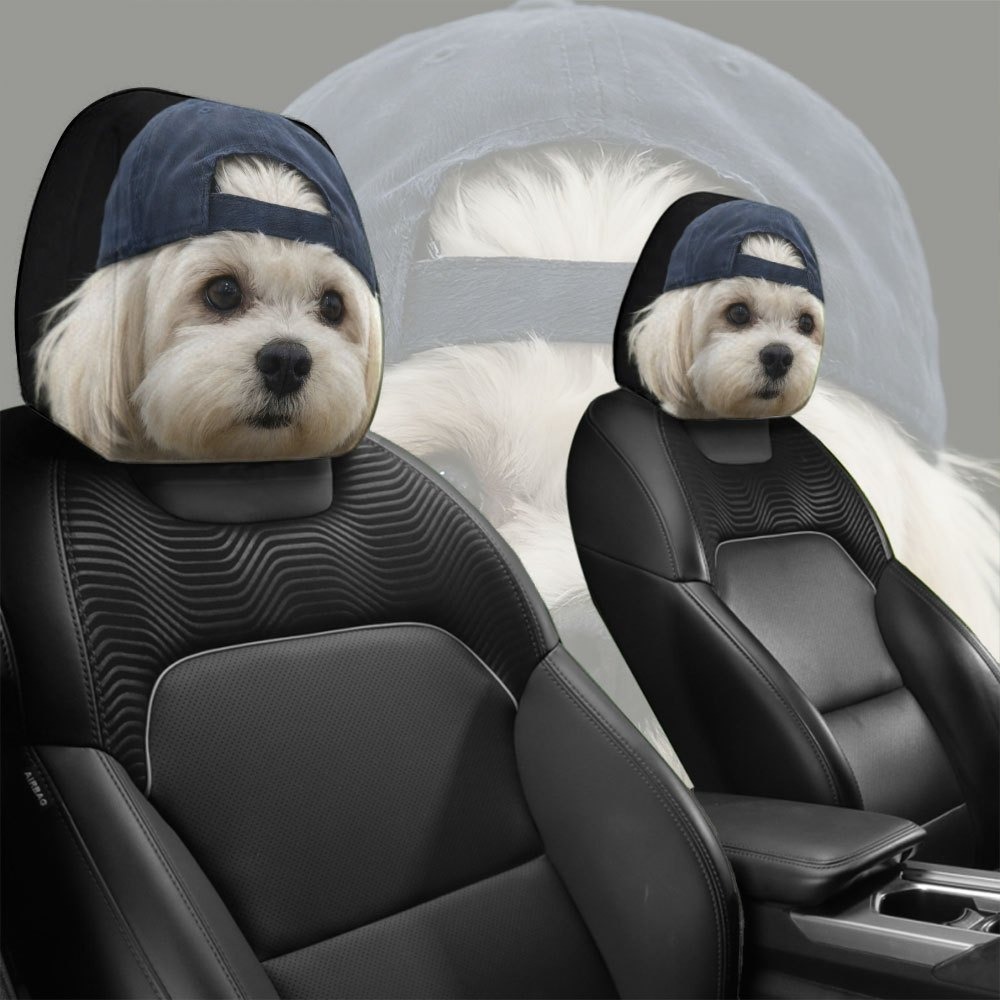 TEMU 2pcs Set Of Adorable White Maltese Puppy Reversible Denim Baseball Cap Print Car Headrest Covers, Adds A Touch Of Fun, Seat Headrest Protector,