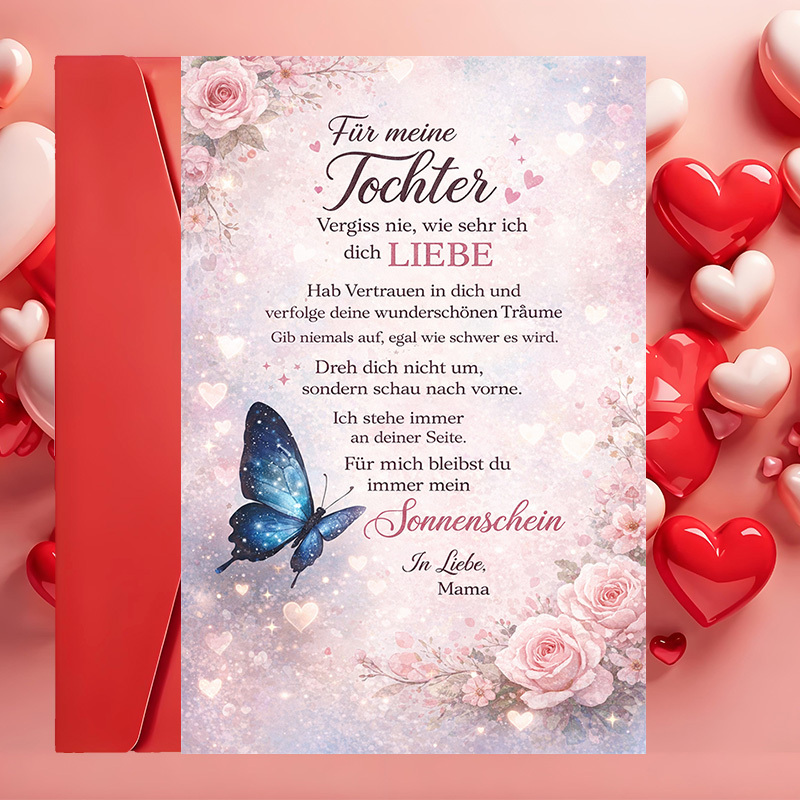 E-shop 1 Grußkarte + 1 Umschlag – Wunderschöne Schmetterlings- Blumenkarte mit herzlicher Liebesbotschaft von Mutter zu Tochter – für Geburtstage,