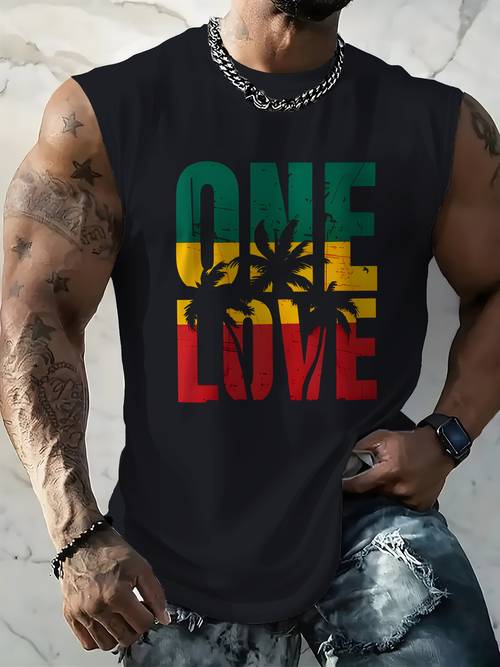 reggae love print sleeveless tank top stylish mens streetwear outfit summer outdoor sports and casual top