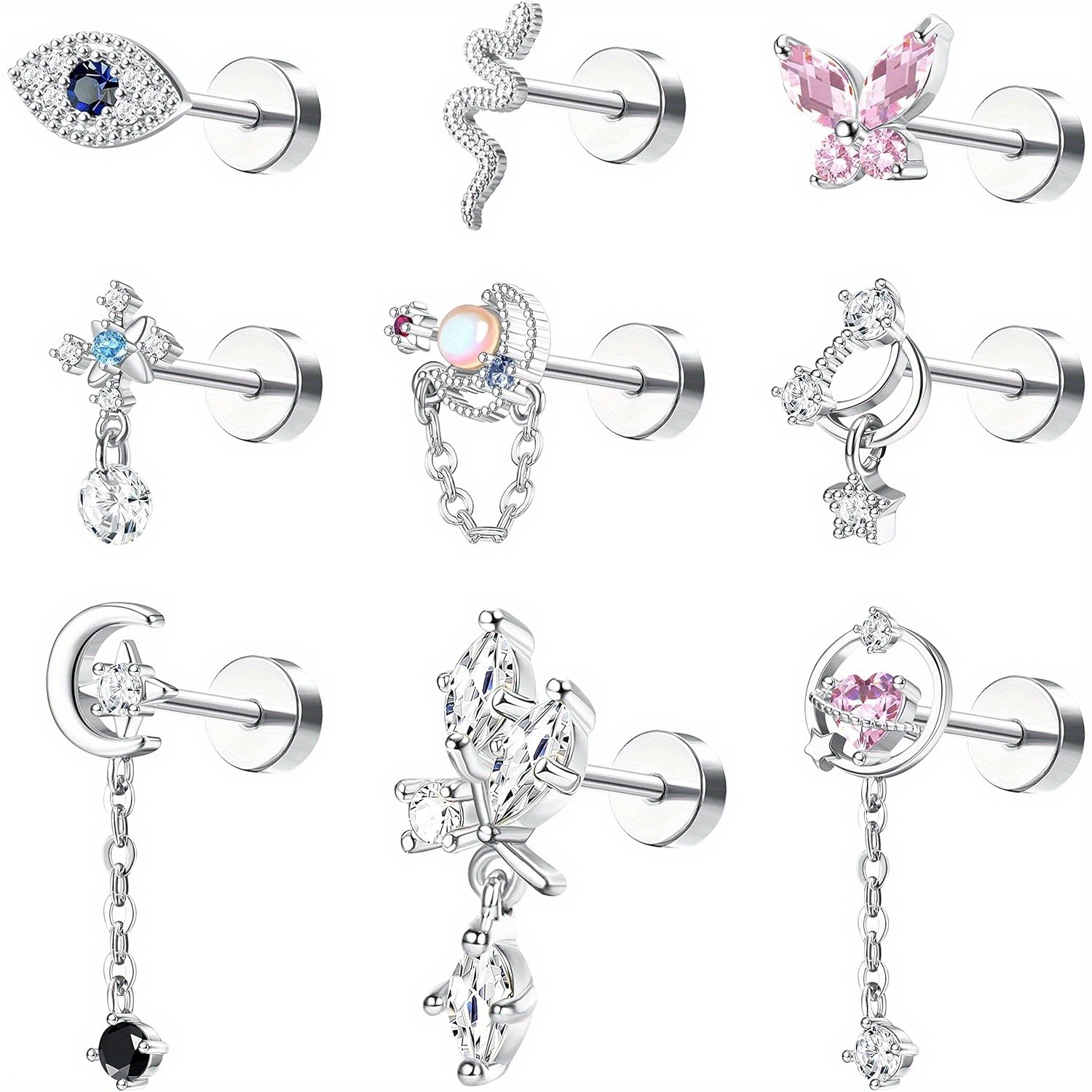 Image of 2d Flat, 9pcs Cartilage Earrings For Women 16g Screw Flat Back Earrings Stainless Steel Tragus Stud Earrings Cz Dangle Helix Daith Piercing Earrings Cute Cartilage Piercing Jewelry