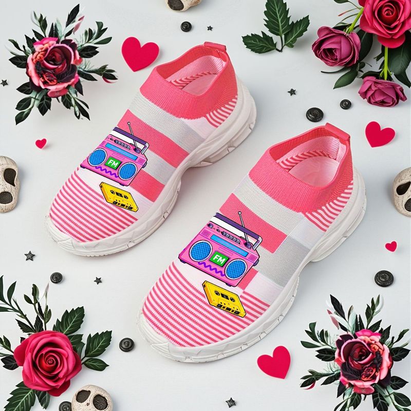 TEMU Retro Sneakers In Pink And Featuring An 80s Boombox Cassette Graphic, A White Sole, And A Whimsical Design With Roses, Hearts, Buttons, And