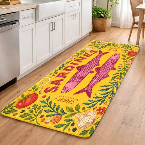 Artikelbild 1-tlg. hd 2d flach bedruckte küchenmatte bodenmatte, fußmatte mit sardinen-vintage-druck, für eingänge, foyers, , badezimmer, wohnzimmer, schlafzimmer büros – perfekte , neue bodenmatte, gemütliche ration, matte für festliche atmosphäre, geschenk für familie