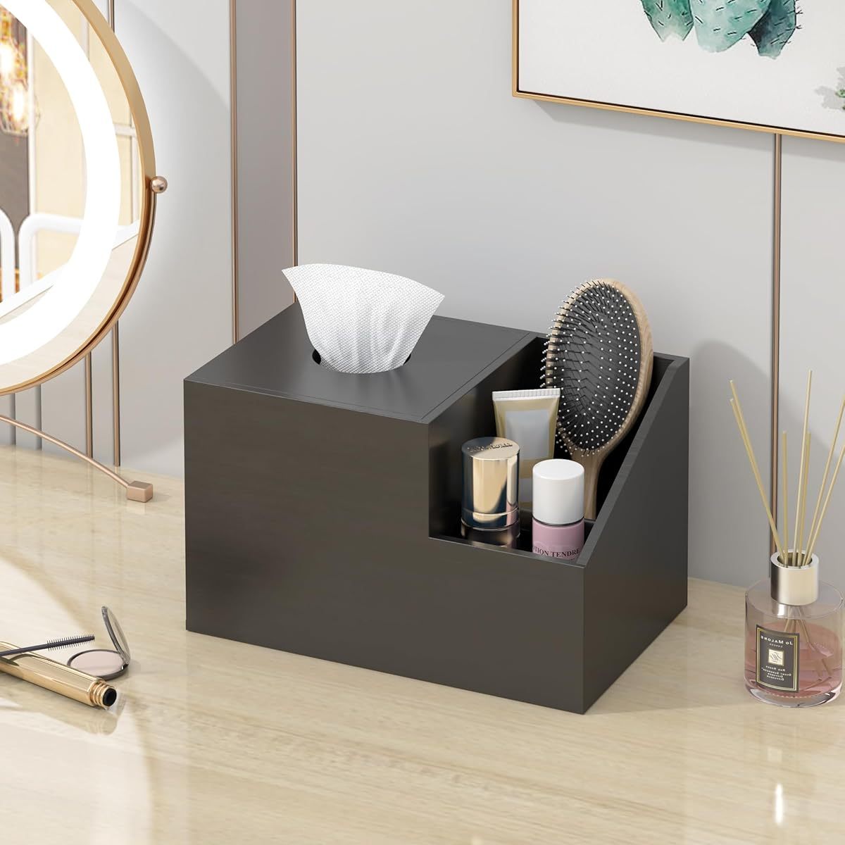 tissue box cover holder bamboo square multifunction nightstand organizer tissue storage box for bedroom bathroom office compartments hold ipad phones remote controls black Product details 5