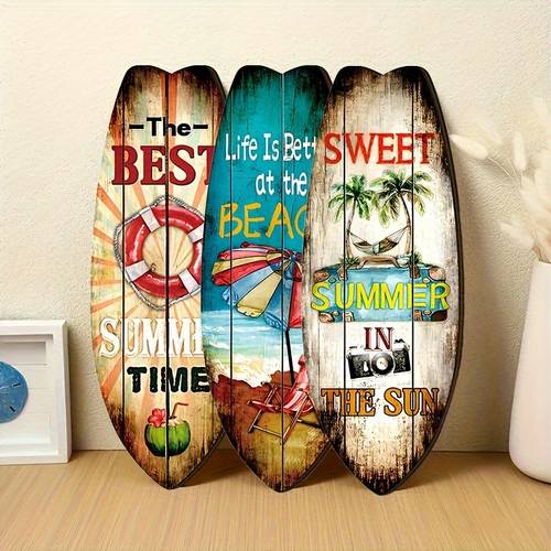 sommer-surf-thema holz-hängedekoration set – hawaiianischer ozean-stil vintage holzschild 3-teiliges set, bar-wanddekoration, wohnwanddekor, urlaubsdekoration
