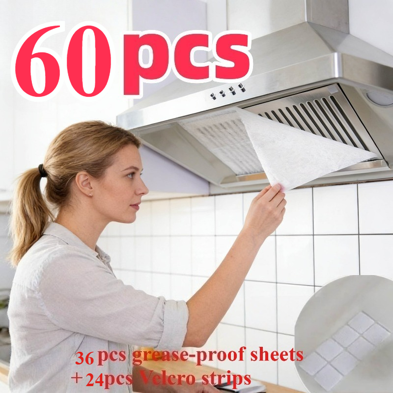 TEMU 60pcs Self-adhesive Range With 36pcs Oil-absorbing Papers And 24pcs Hook-and-loop Polyester Fibers, For Cleaning, Kitchen Exhaust Fan