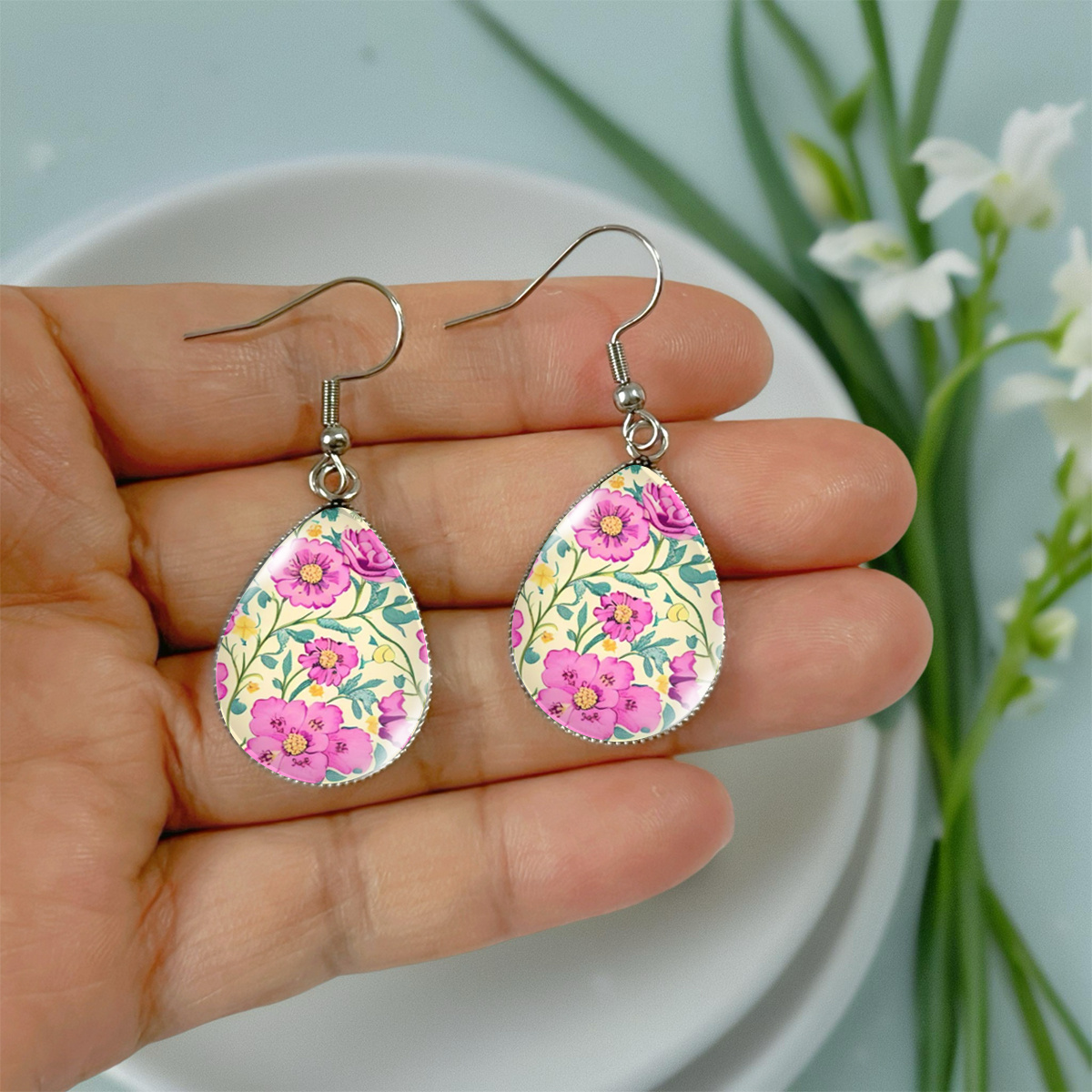 Vintage Floral Teardrop Earrings, Pink & Green Botanical Design