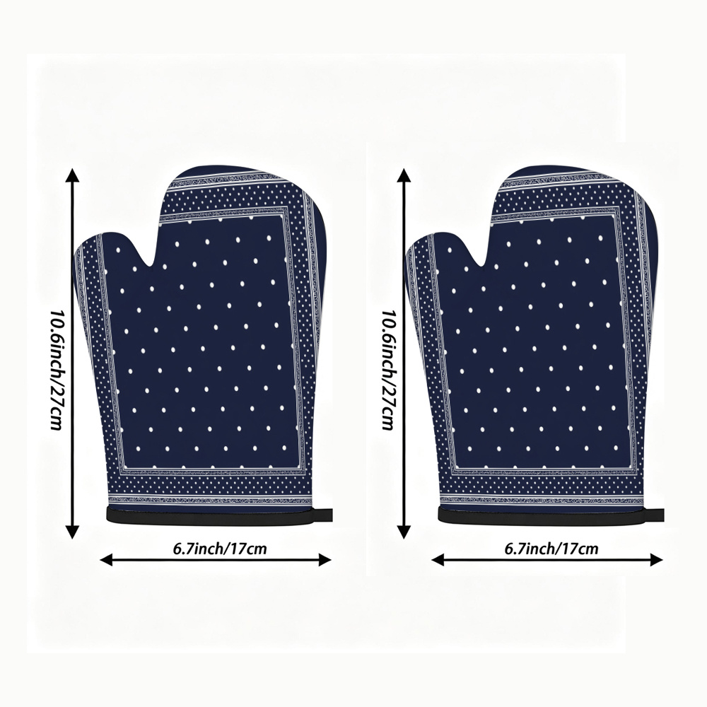 TEMU A 2pcs Kitchen Heat-resistant Set Includes Dark Blue Polka Dot Oven Mitts, Featuring A White Polka Dot Pattern With Geometric Gray-white