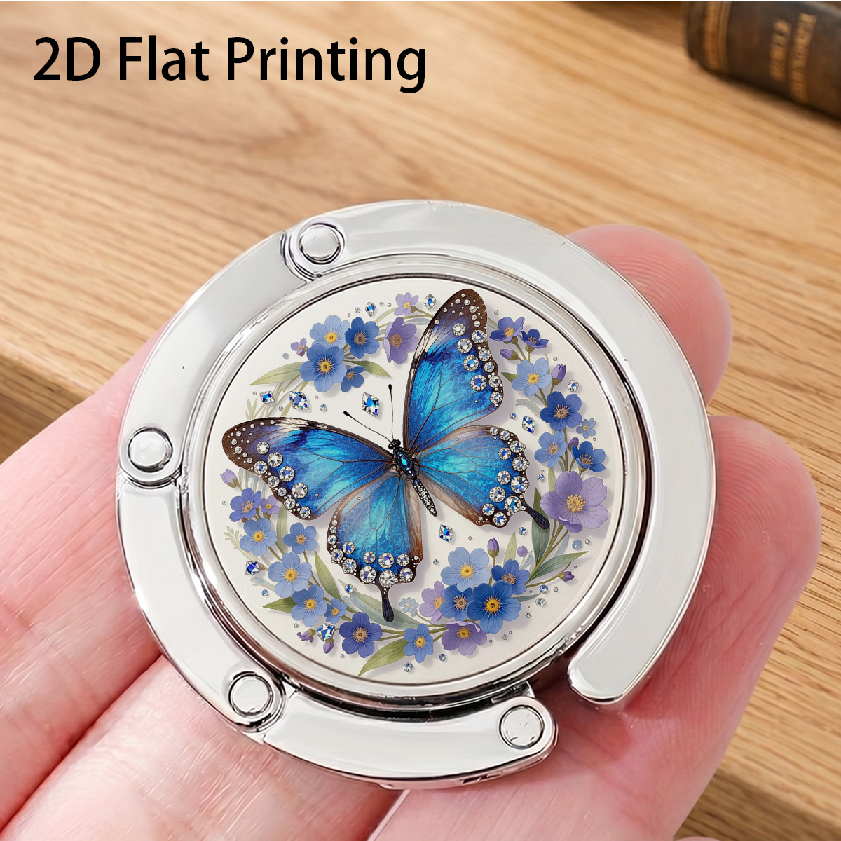 TEMU 1pc Blue Diamond Blue-purple Floral Gem Pattern Silvery Round Folding Hook For Hanging Bags On Tables, Shelves, Or Car Seats, Universal