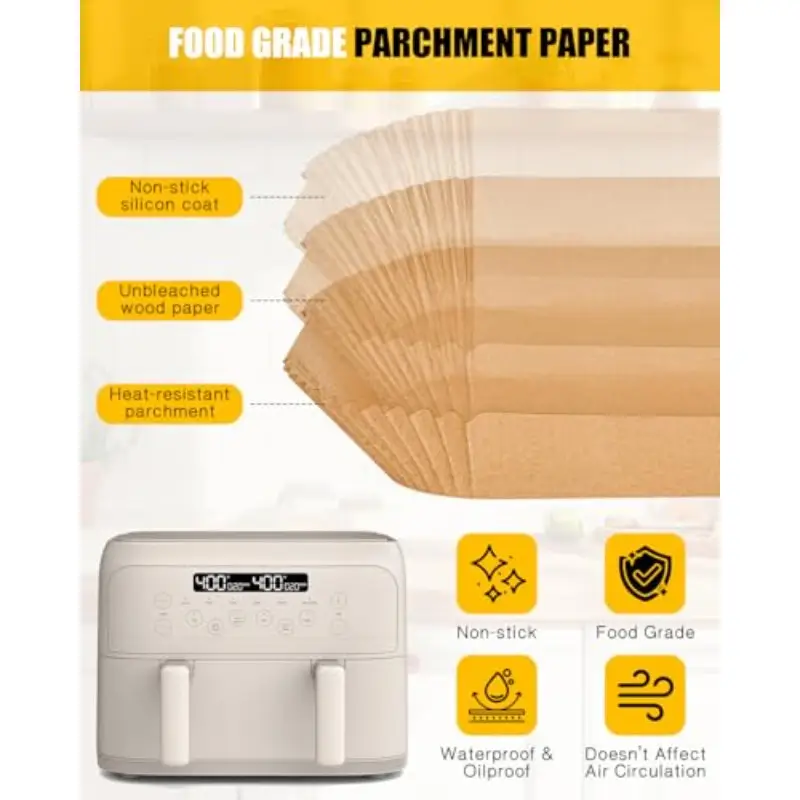 200pcs air fryer paper liners for bella 4 qt airfryer100pcs large for single zone 100pcs small for dual basket nonstick disposable parchment paper baking inserts accessories free of bleach Product details 2