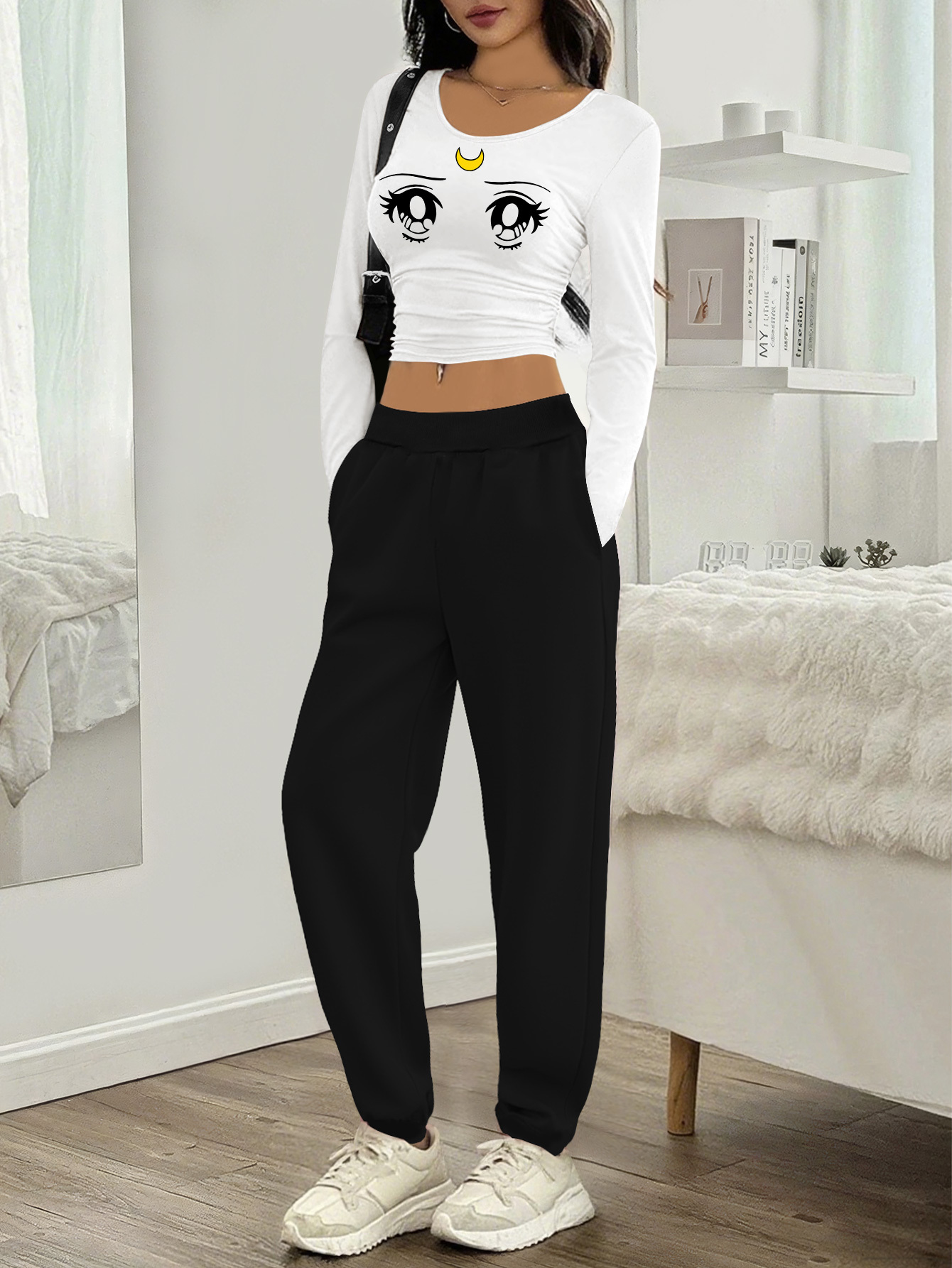 chic geometric star eye print long sleeve crop top joggers Temu