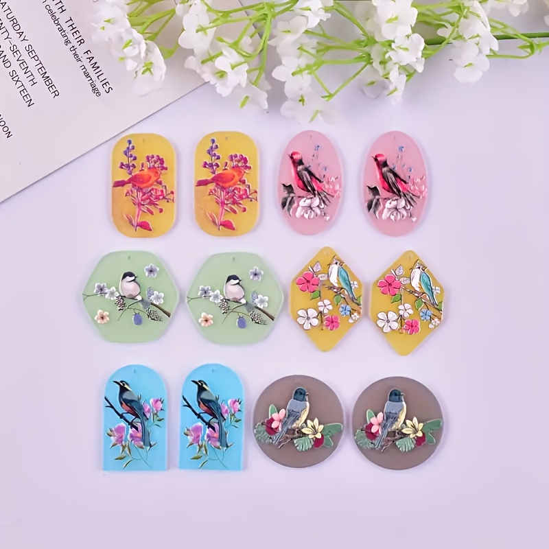 TEMU 2d Flat, 12pcs Flower & Bird Paintings Acrylic Charms Suitable For Earrings, Necklace Pendants, & Decorations - Flat 2d Style Traditional For